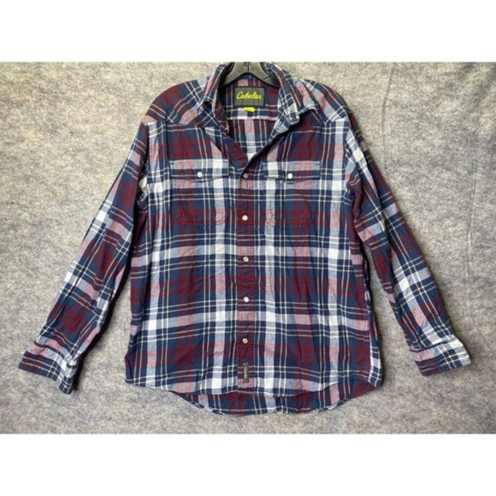 Cabelas Button Down Shirt Mens Adult Medium Red White Flannel Plaid Pearl Snap‎